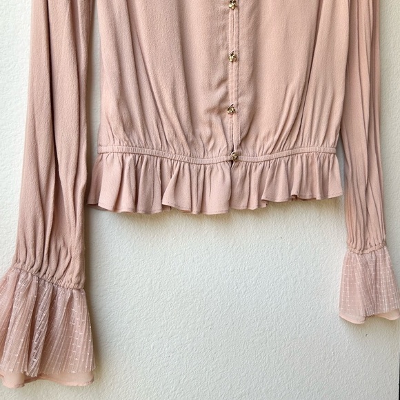 For Love & Lemons Evie Button Back Blouse Tan Nude Lace Trim Long Sleeve Sz XS - Picture 13 of 16